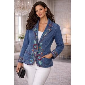 Ruby Rd Denim Jacket Sz 10 Embroidered Boho Floral Stretch Blazer Jacket